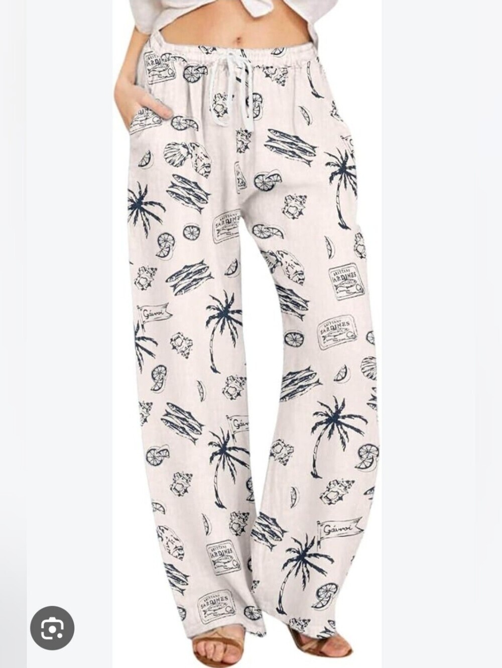 XL Women's Palm Print Wide-Leg Lounge Pants - White/Navy